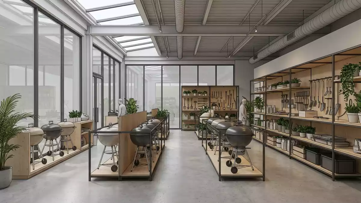 Architektur-Render im Gartenfachmarkt mit Kugelgrill im Ausstellungsbereich, neutral