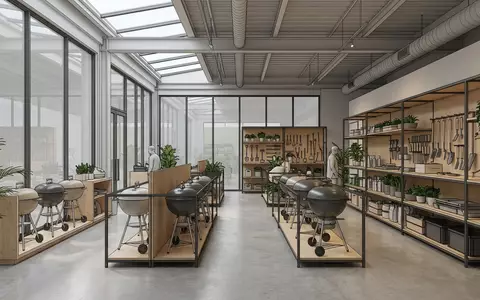 Architektur-Render im Gartenfachmarkt mit Kugelgrill zum Thema Home Depot Grill, ISIN US4370761029, neutrales Tageslicht - Foto: THN