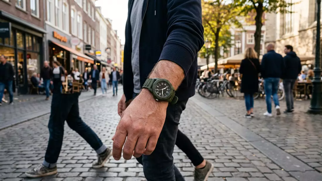 Fotorealistische Ansicht von Armbanduhr im Alltag in realer Umgebung, neutral