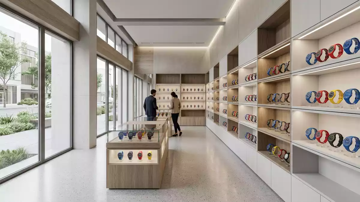 Architektur-Render im Uhrenfachhandel mit Armbanduhr im Ausstellungsbereich, neutral