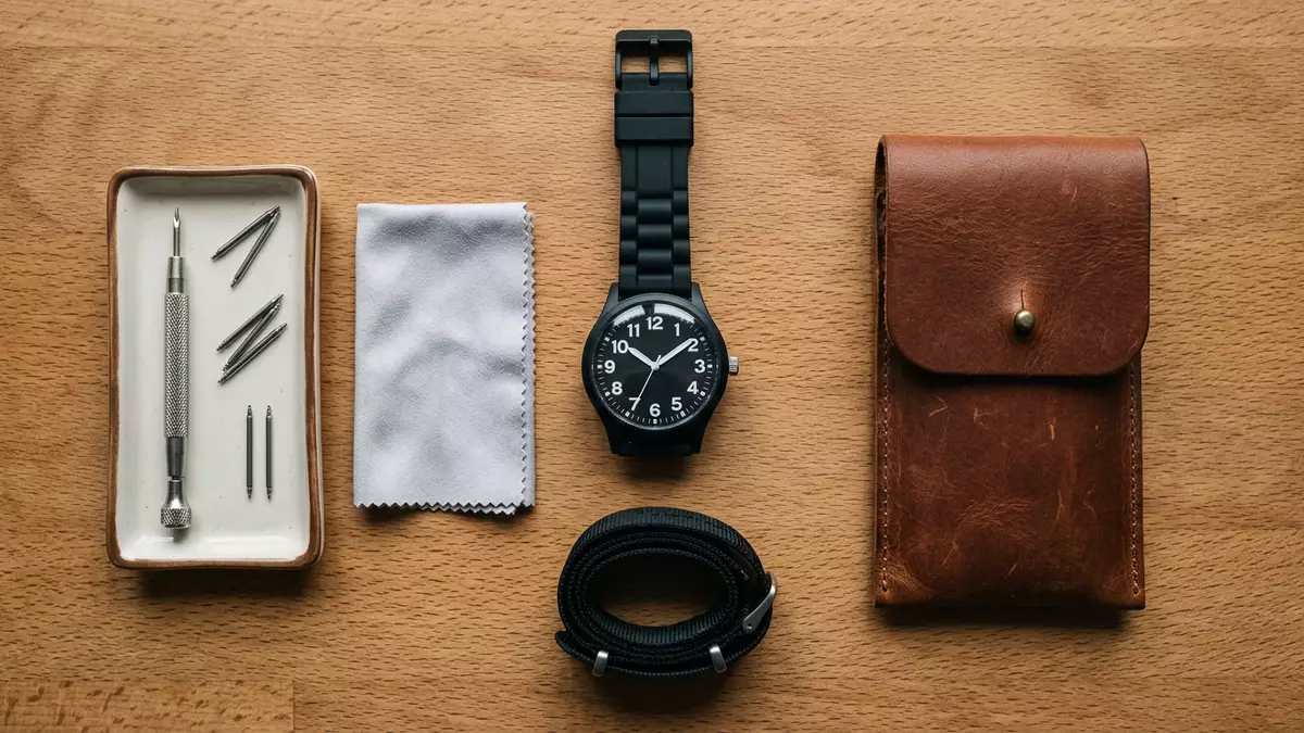 Flatlay-Arrangement rund um Armbanduhr mit passenden Requisiten von oben, neutral