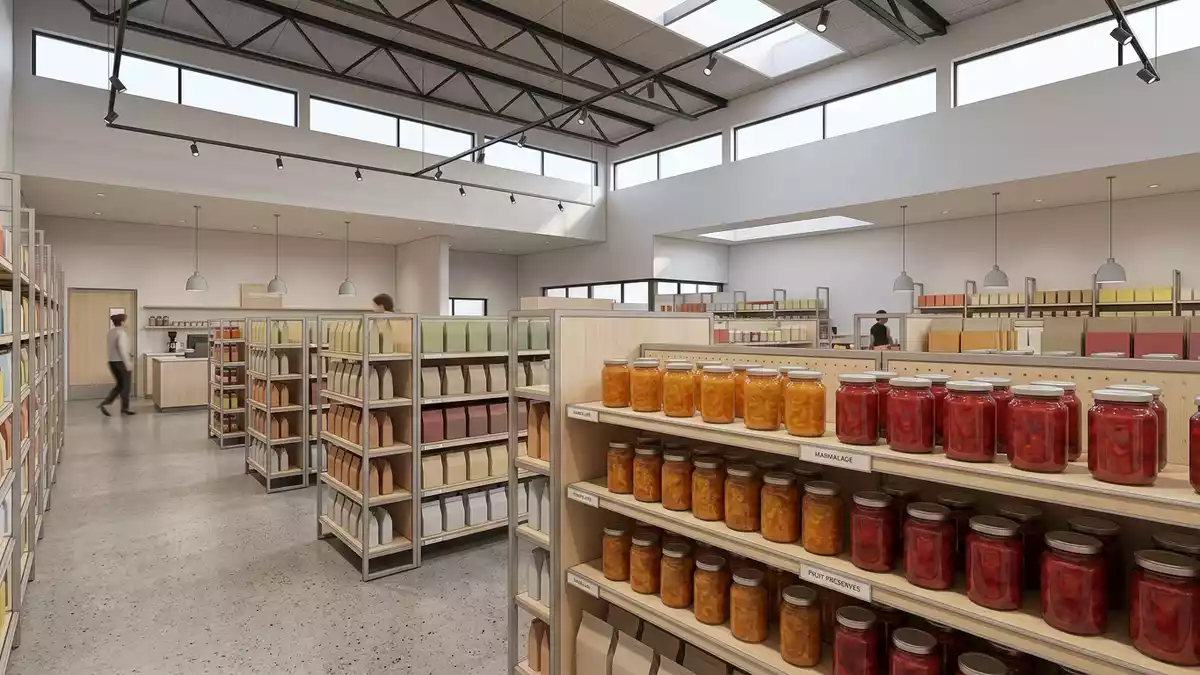 Architektur-Render im Supermarkt mit Marmelade im Ausstellungsbereich, neutral
