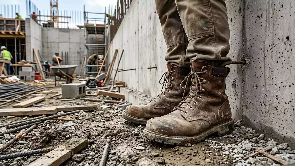 Fotorealistische Ansicht von Sicherheitsstiefel auf der Baustelle in realer Umgebung