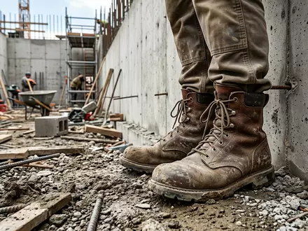 Fotorealistische Aufnahme von Sicherheitsstiefel auf der Baustelle zum Thema CAT Boots, ISIN US9778661024, natuerliches Licht - Foto: THN