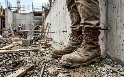 Fotorealistische Aufnahme von Sicherheitsstiefel auf der Baustelle zum Thema CAT Boots, ISIN US9778661024, natuerliches Licht - Foto: THN
