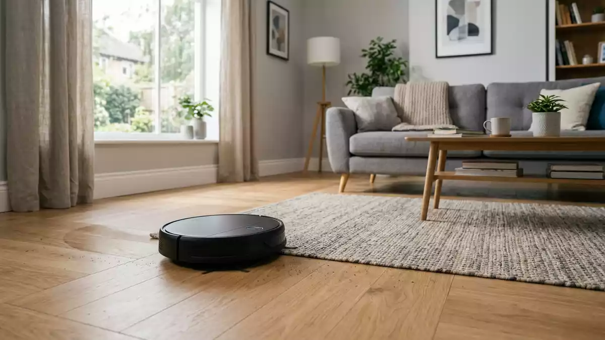 Fotorealistische Ansicht von Saugroboter im Wohnzimmer in realer Umgebung, neutral