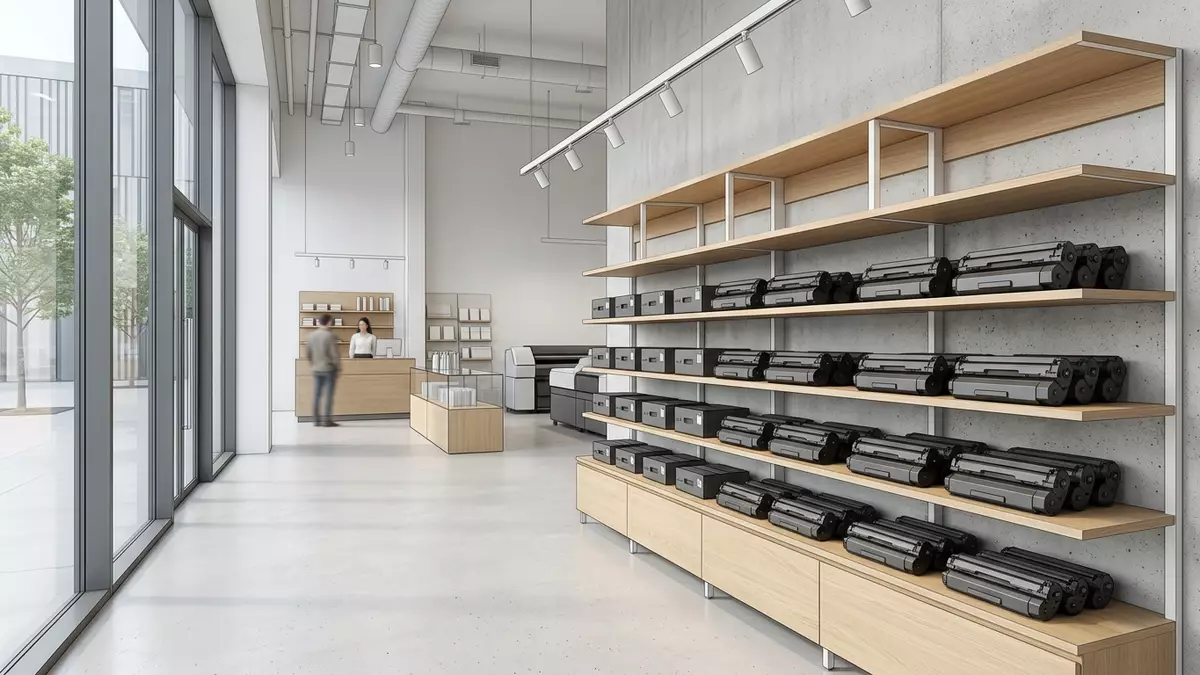 Architektur-Render im Bürobedarf-Fachhandel mit Tonerpatrone im Ausstellungsbereich
