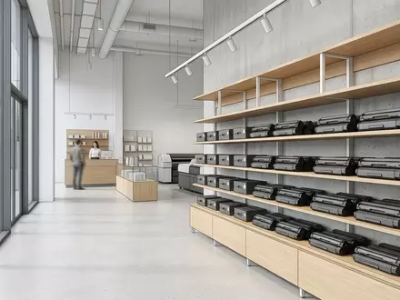 Architektur-Render im Bürobedarf-Fachhandel mit Tonerpatrone zum Thema Xerox Toner, ISIN US98421M1062, neutrales Tageslicht - Foto: THN