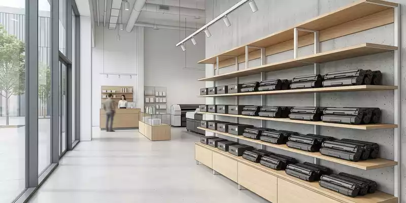 Architektur-Render im Bürobedarf-Fachhandel mit Tonerpatrone zum Thema Xerox Toner, ISIN US98421M1062, neutrales Tageslicht - Foto: THN