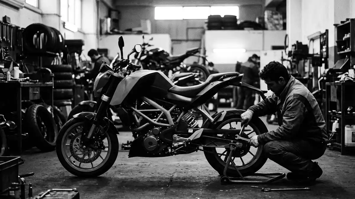 Schwarzweiss-Reportagebild mit Naked Bike in dokumentarischer Arbeitsumgebung, neutral