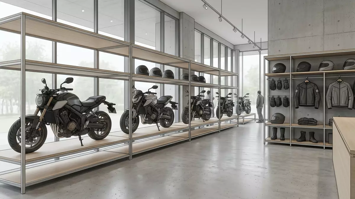 Architektur-Render im Motorrad-Fachhandel mit Naked Bike im Ausstellungsbereich
