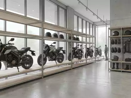 Architektur-Render im Motorrad-Fachhandel mit Naked Bike zum Thema Yamaha MT-07, ISIN JP3942800008, neutrales Tageslicht - Foto: THN