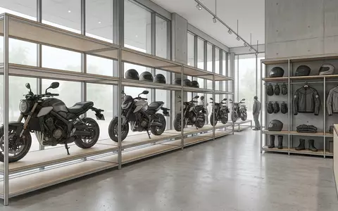 Architektur-Render im Motorrad-Fachhandel mit Naked Bike zum Thema Yamaha MT-07, ISIN JP3942800008, neutrales Tageslicht - Foto: THN