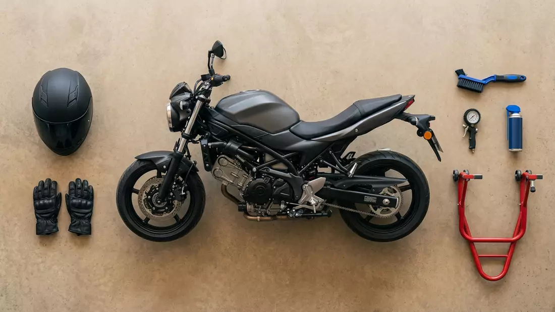 Flatlay-Arrangement rund um Naked Bike mit passenden Requisiten von oben, neutral