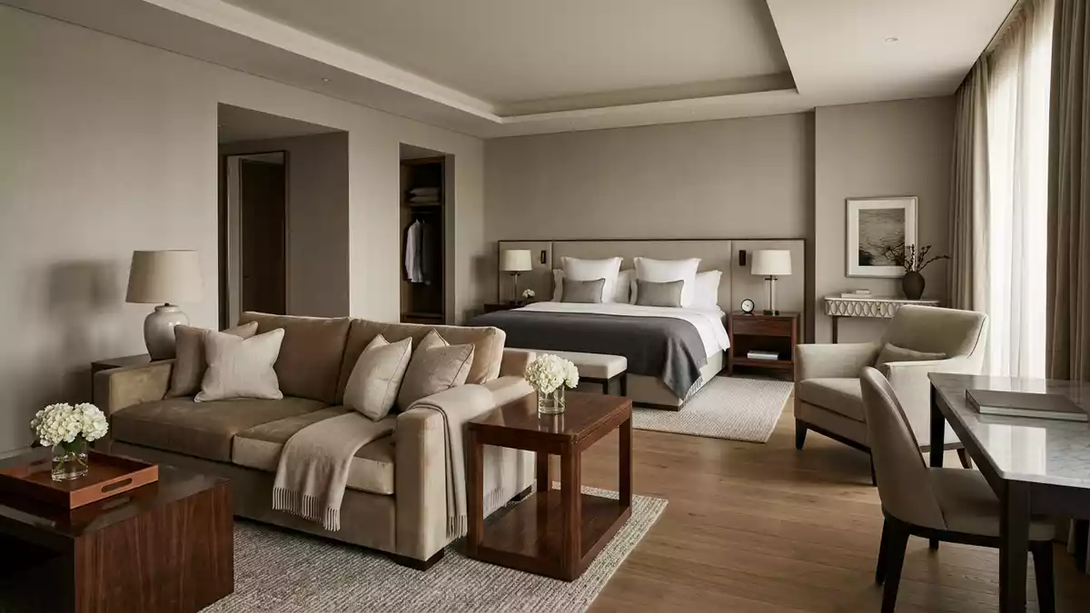 Fotorealistische Studioansicht von Luxushotelzimmer in neutraler Produktdarstellung