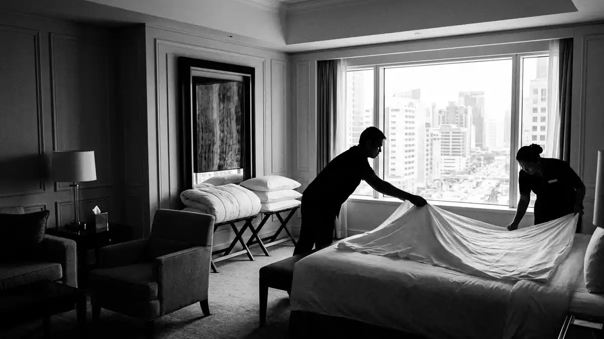 Schwarzweiss-Reportagebild mit Luxushotelzimmer in dokumentarischer Arbeitsumgebung