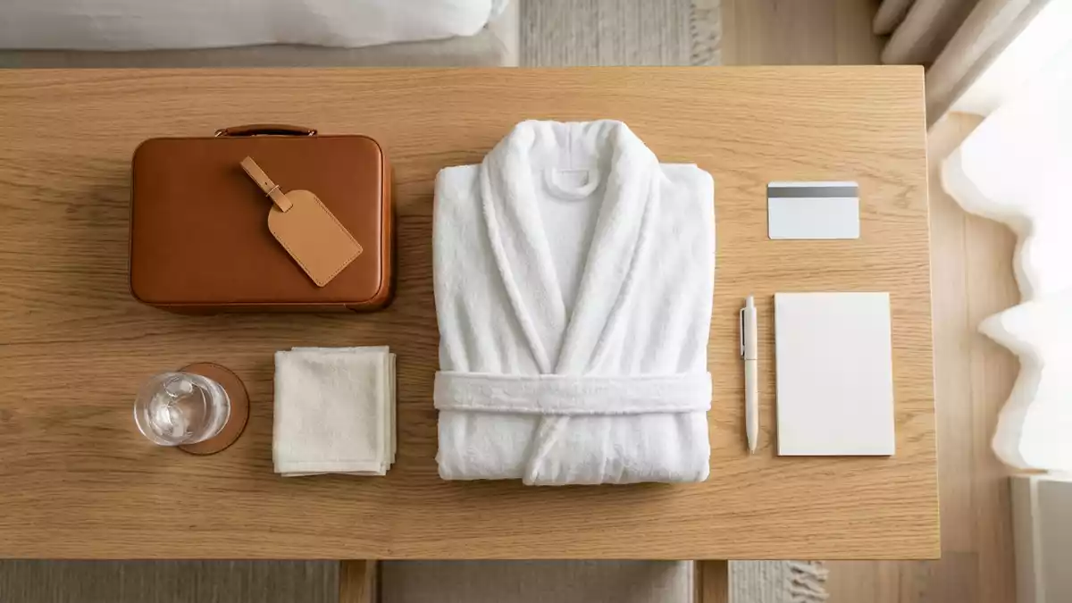 Flatlay-Arrangement rund um Luxushotelzimmer mit passenden Requisiten von oben