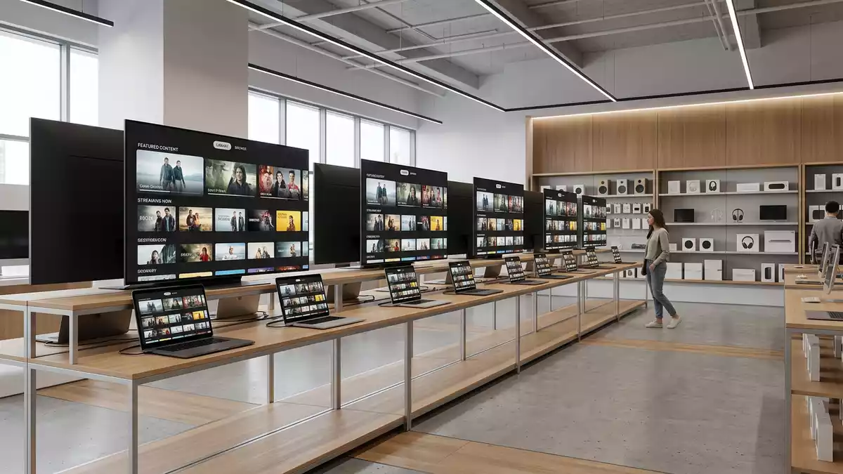 Architektur-Render im Elektronik-Fachmarkt mit Streaming-Abo im Ausstellungsbereich