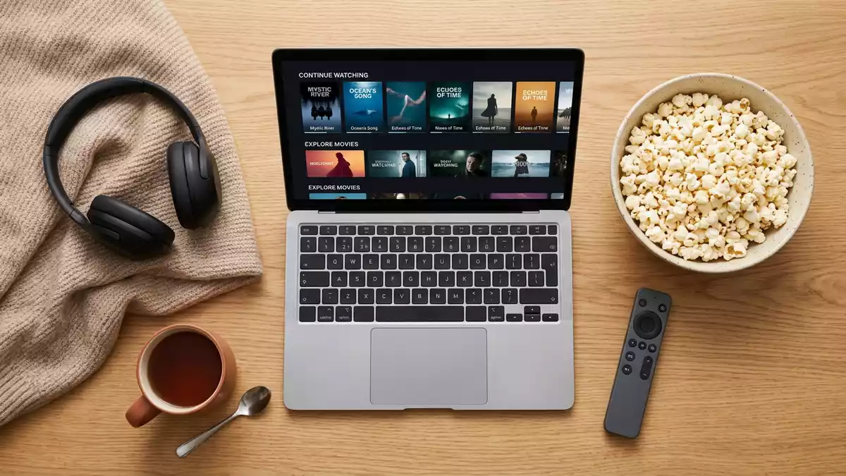Flatlay-Arrangement rund um Streaming-Abo mit passenden Requisiten von oben, neutral