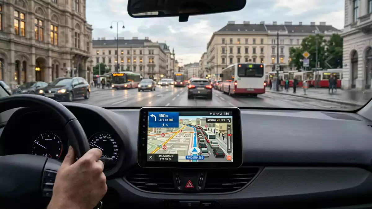 Fotorealistische Ansicht von Navigationsgerät im Auto in realer Umgebung, neutral