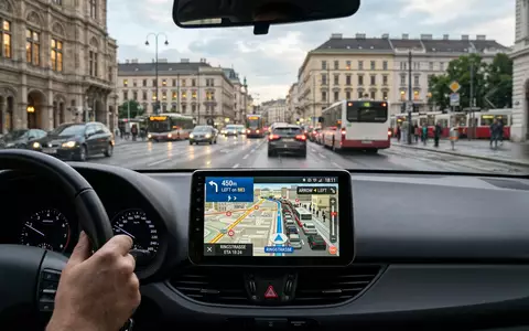Fotorealistische Aufnahme von Navigationsgerät im Auto zum Thema TomTom GO Navigation, ISIN NL0000387058, natuerliches Licht - Foto: THN