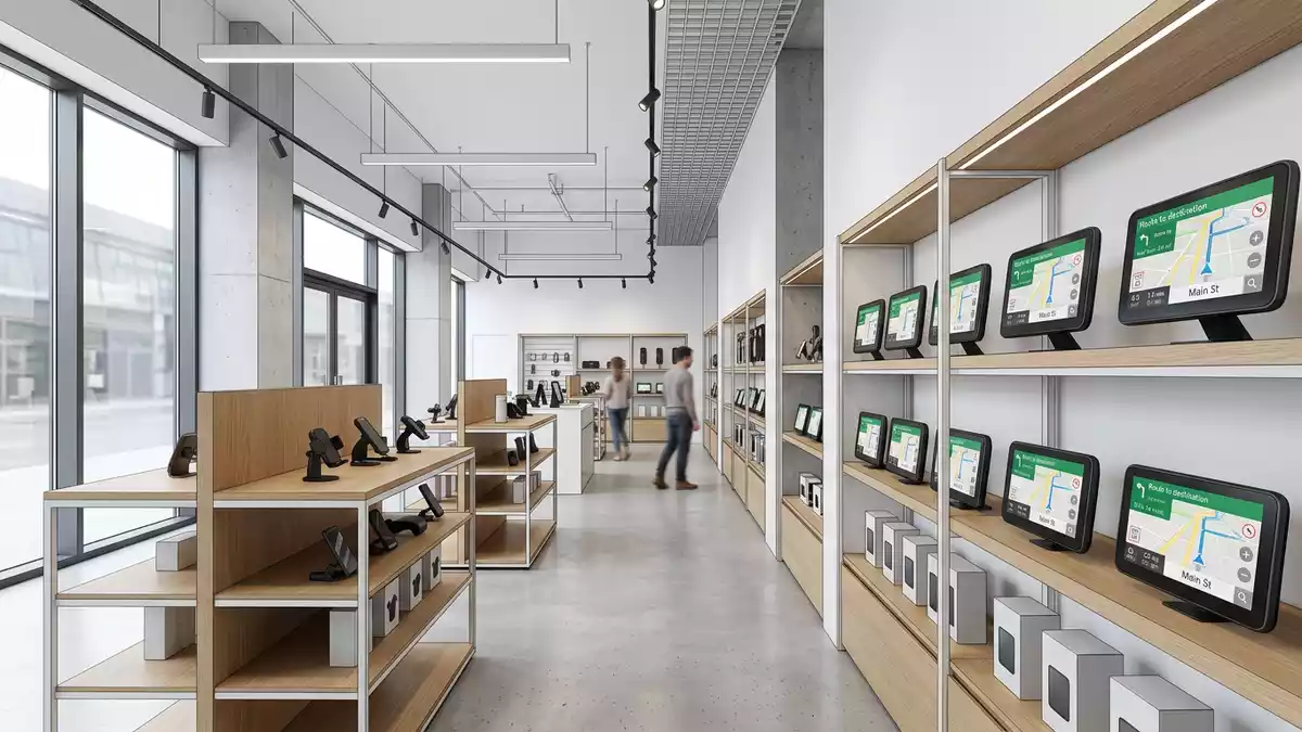 Architektur-Render im Elektronik-Fachmarkt mit Navigationsgerät im Ausstellungsbereich