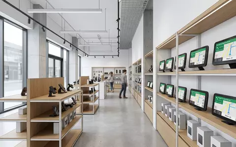 Architektur-Render im Elektronik-Fachmarkt mit Navigationsgerät zum Thema TomTom GO Navigation, ISIN NL0000387058, neutrales Tageslicht - Foto: THN