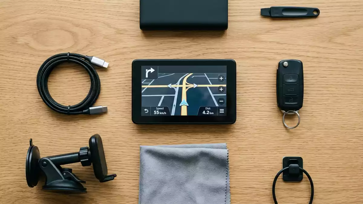 Flatlay-Arrangement rund um Navigationsgerät mit passenden Requisiten von oben