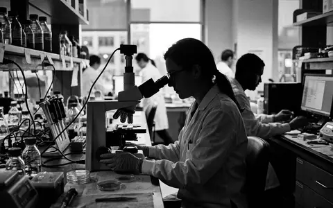 Schwarzweiss-Reportage mit Mikroskop zum Thema Thermo Fisher Mikroskop, ISIN US8835561023, hoher Kontrast - Foto: THN