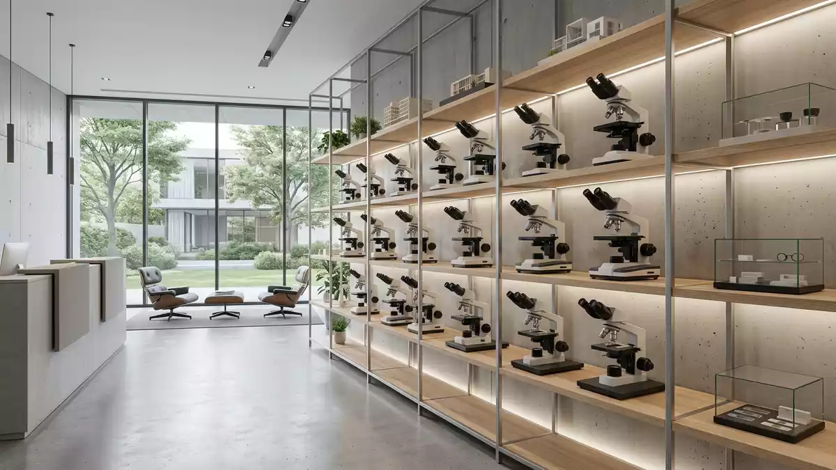 Architektur-Render im Laborfachhandel mit Mikroskop im Ausstellungsbereich, neutral