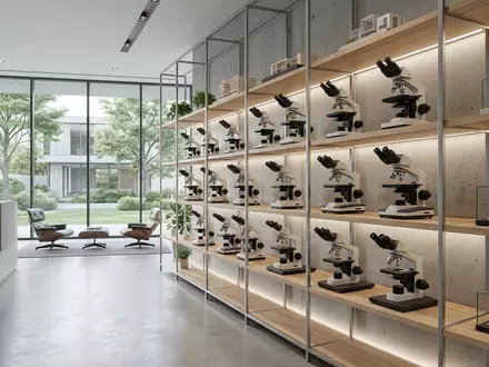 Architektur-Render im Laborfachhandel mit Mikroskop zum Thema Thermo Fisher Mikroskop, ISIN US8835561023, neutrales Tageslicht - Foto: THN