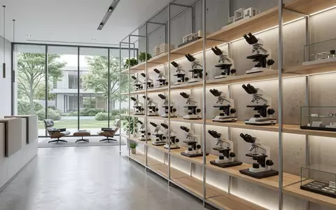 Architektur-Render im Laborfachhandel mit Mikroskop zum Thema Thermo Fisher Mikroskop, ISIN US8835561023, neutrales Tageslicht - Foto: THN