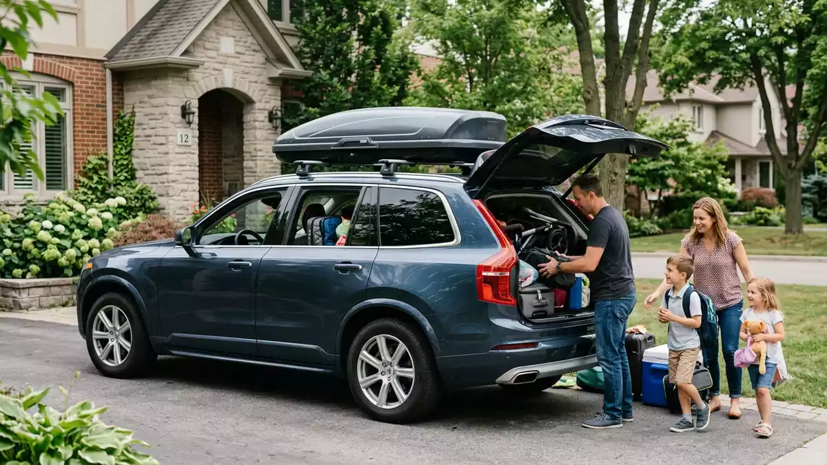 Fotorealistische Ansicht von Dachbox auf Reisen in realer Umgebung, sachlich dargestellt