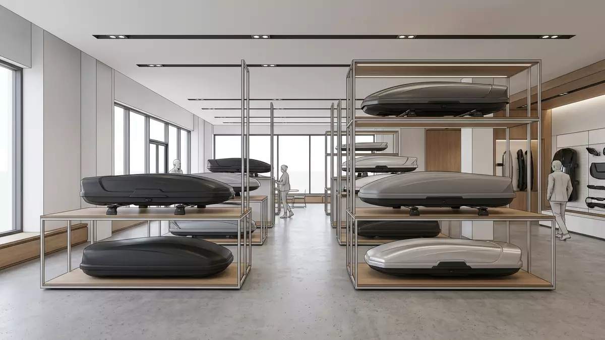 Architektur-Render im Autozubehörhandel mit Dachbox im Ausstellungsbereich, neutral