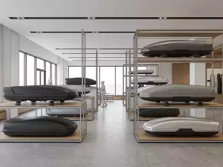 Architektur-Render im Autozubehörhandel mit Dachbox zum Thema Thule Dachbox, ISIN SE0006422390, neutrales Tageslicht - Foto: THN