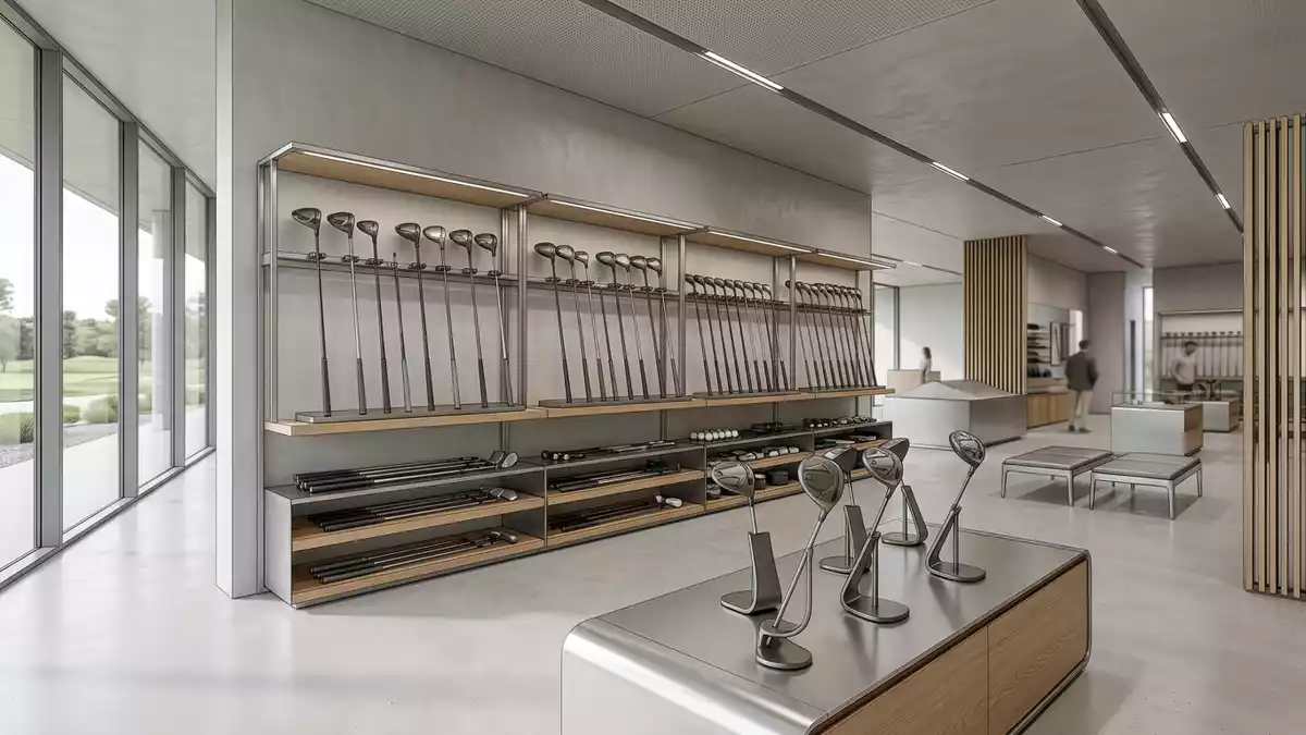 Architektur-Render im Sportfachhandel mit Golfschläger im Ausstellungsbereich, neutral