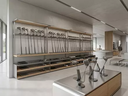 Architektur-Render im Sportfachhandel mit Golfschläger zum Thema Callaway Paradym Driver, ISIN US89056E1055, neutrales Tageslicht - Foto: THN
