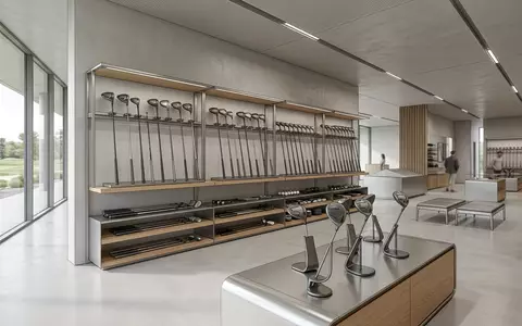 Architektur-Render im Sportfachhandel mit Golfschläger zum Thema Callaway Paradym Driver, ISIN US89056E1055, neutrales Tageslicht - Foto: THN