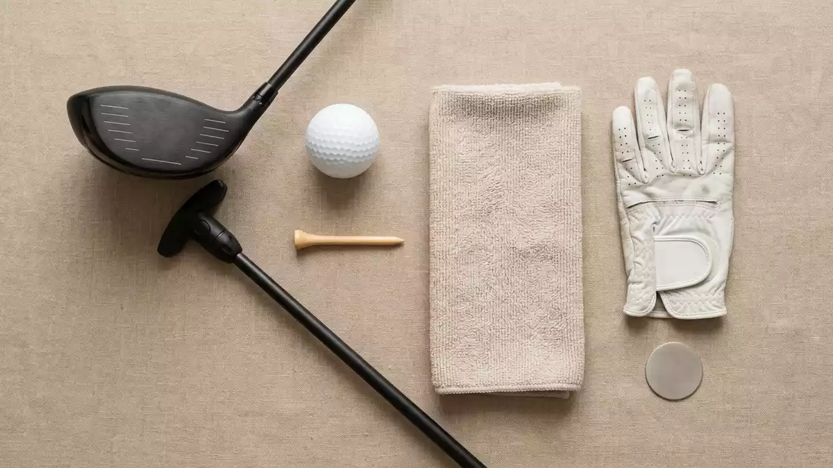 Flatlay-Arrangement rund um Golfschläger mit passenden Requisiten von oben, neutral