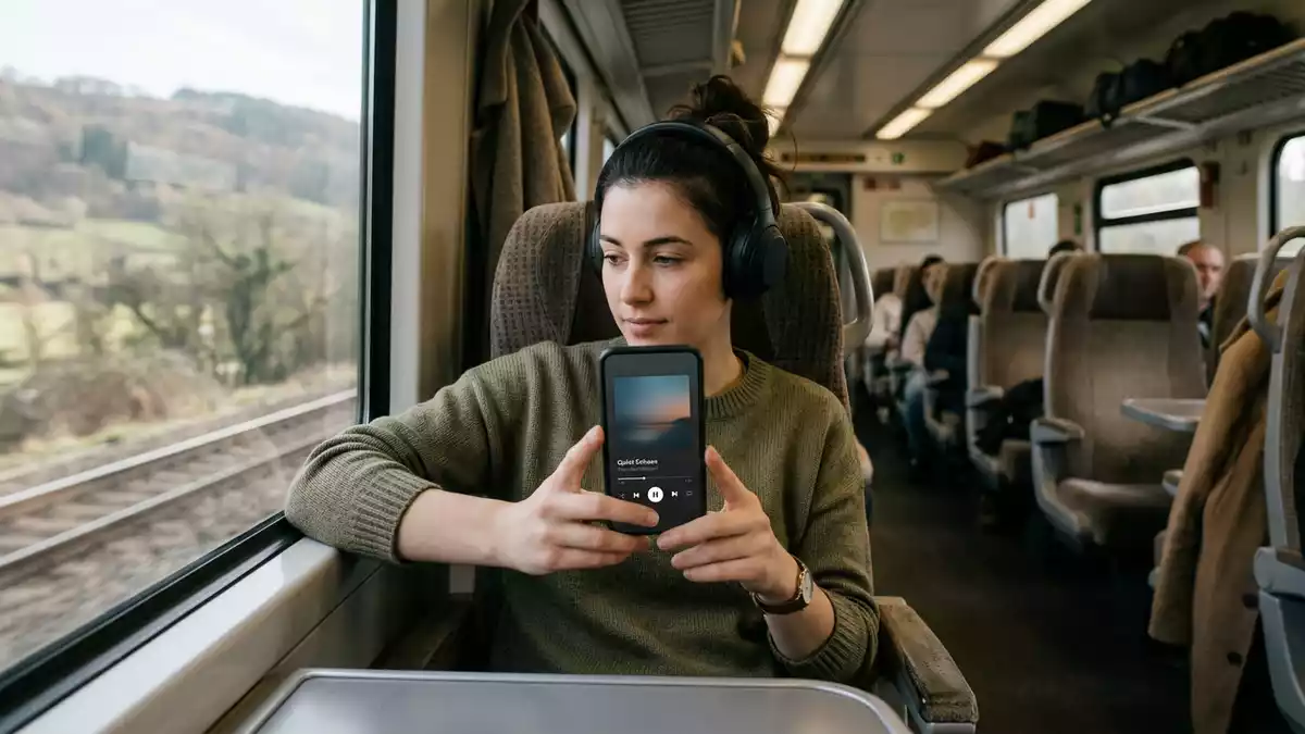 Fotorealistische Ansicht von Musik-App auf Reisen in realer Umgebung, neutral