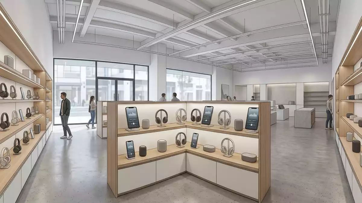 Architektur-Render im Elektronik-Fachmarkt mit Musik-App im Ausstellungsbereich