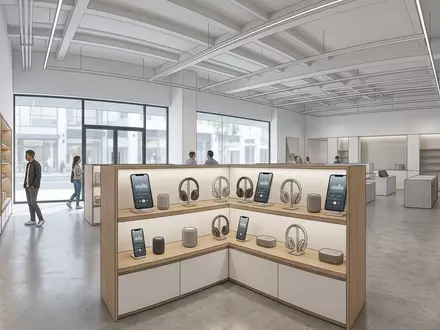 Architektur-Render im Elektronik-Fachmarkt mit Musik-App zum Thema QQ Music, ISIN US88032Q1094, neutrales Tageslicht - Foto: THN
