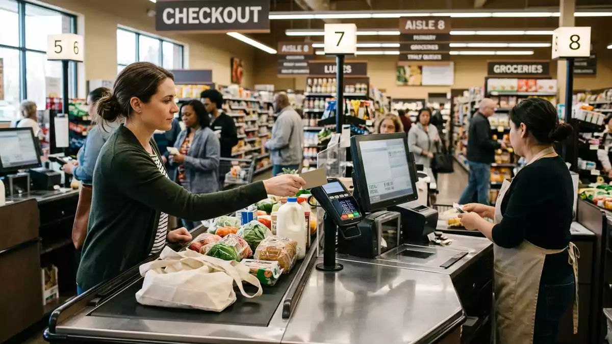 Fotorealistische Ansicht von Kundenkarte im Supermarkt in realer Umgebung, neutral