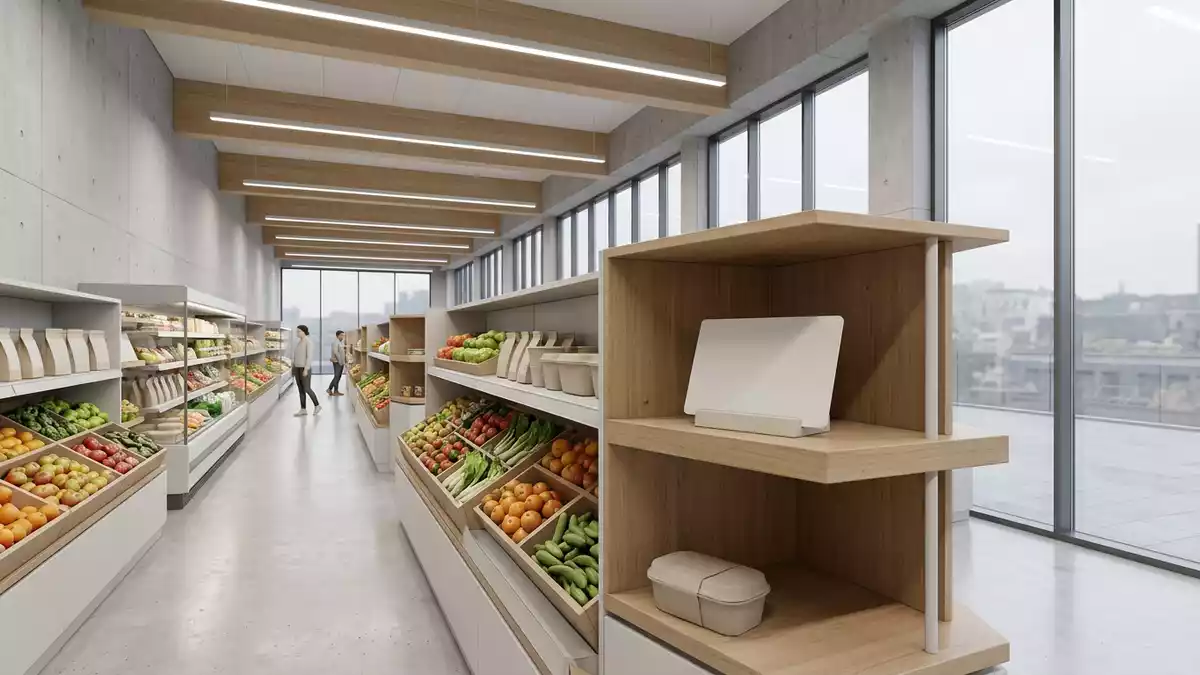 Architektur-Render im Supermarkt mit Kundenkarte im Ausstellungsbereich, neutral