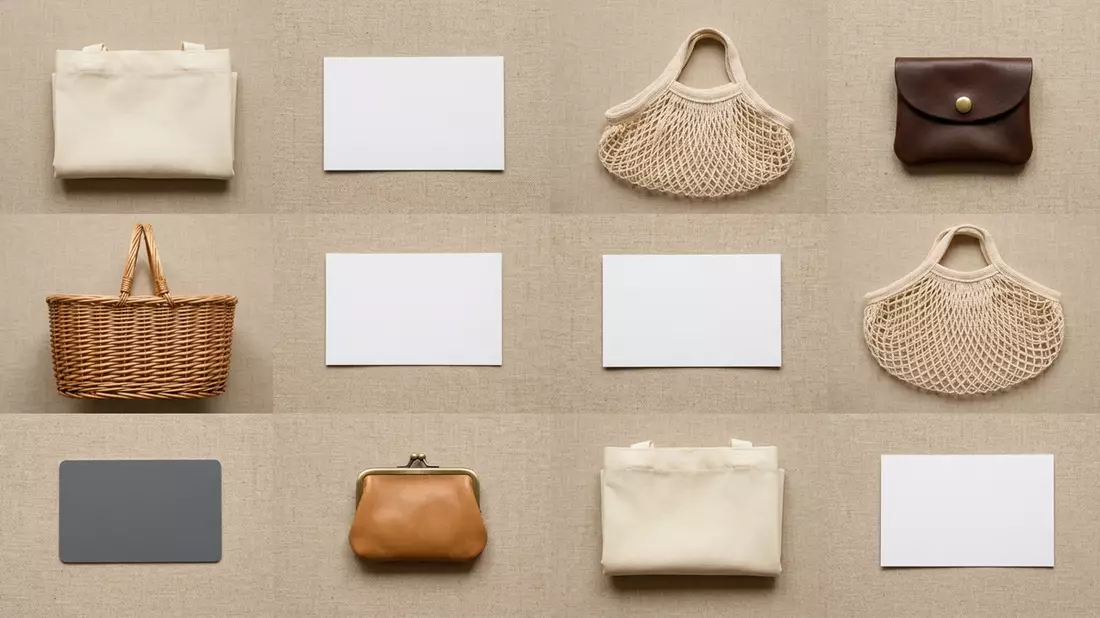 Flatlay-Arrangement rund um Kundenkarte mit passenden Requisiten von oben, neutral