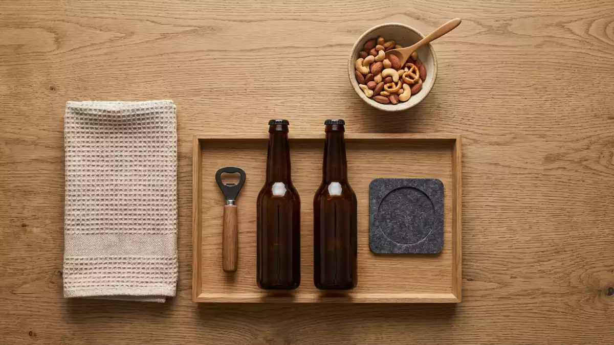 Flatlay-Arrangement rund um Craft-Bier mit passenden Requisiten von oben, neutral