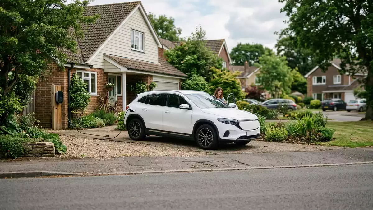 Fotorealistische Ansicht von Elektro-SUV im Straßenverkehr in realer Umgebung, neutral