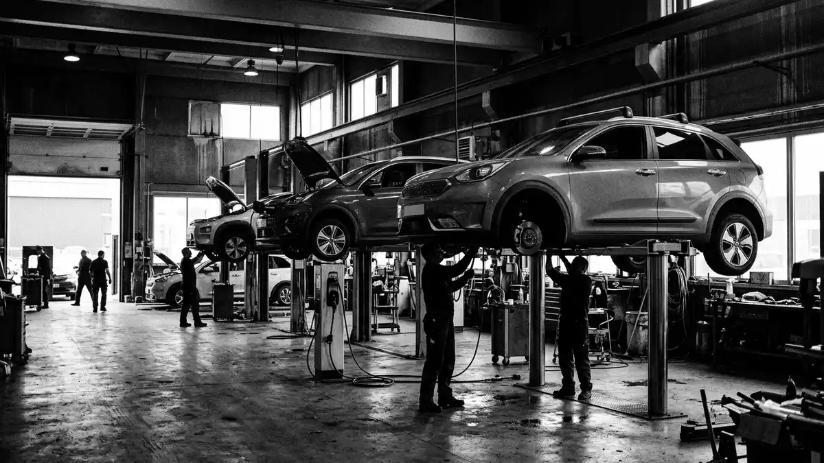 Schwarzweiss-Reportagebild mit Elektro-SUV in dokumentarischer Arbeitsumgebung