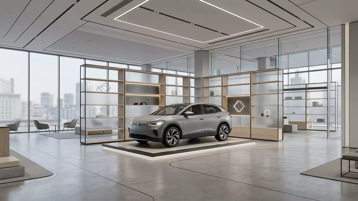 Architektur-Render im Autohaus mit Elektro-SUV im Ausstellungsbereich, neutral