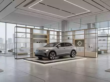 Architektur-Render im Autohaus mit Elektro-SUV zum Thema Tesla Model Y, ISIN US88160R1014, neutrales Tageslicht - Foto: THN